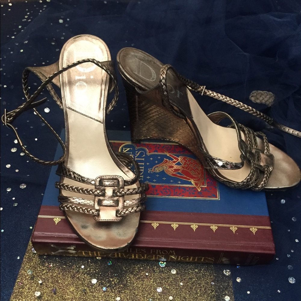DIOR METALLIC PEWTER VTG GREEK BRAIDED LEATHER WEDGE Heels GORG LUX 7 $ FIRM - Picture 2 of 6